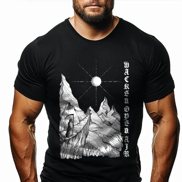 2025 Festival Black Graphic T-Shirt With Mountain And Moon Design - Perfect For Festivals And Outdoor Adventures - Wayrates.com 