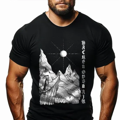 2025 Festival Black Graphic T-Shirt With Mountain And Moon Design - Perfect For Festivals And Outdoor Adventures