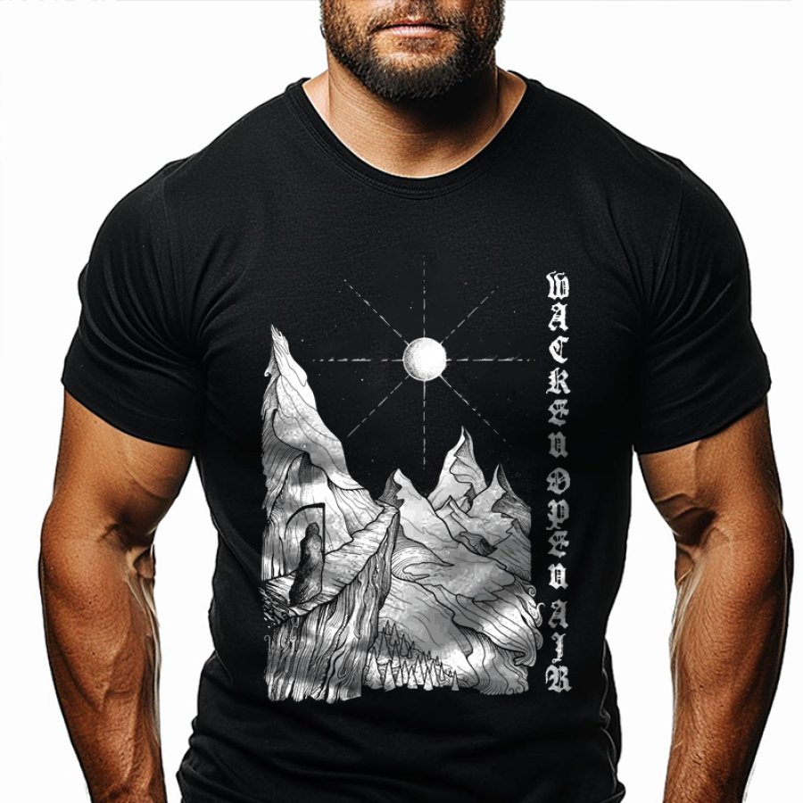 

2025 Festival Black Graphic T-Shirt With Mountain And Moon Design - Perfect For Festivals And Outdoor Adventures
