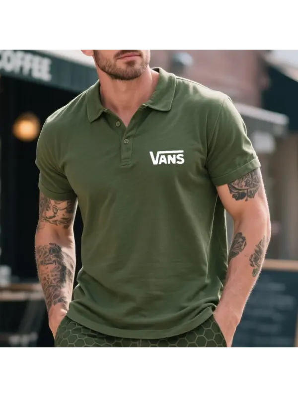 Men's Vintage Surfing Graphic Print Polo T Shirt Military Green - Ootdmw.com 