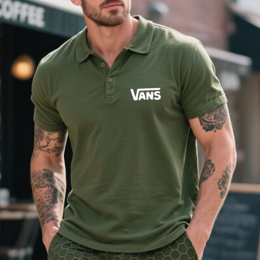 

Men's Vintage Surfing Graphic Print Polo T Shirt Military Green