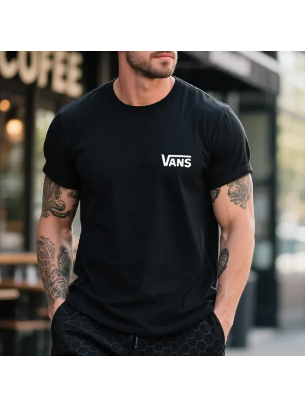 Men's Vintage Crew Neck T-Shirt With Rolled Sleeves Black - Ootdmw.com 
