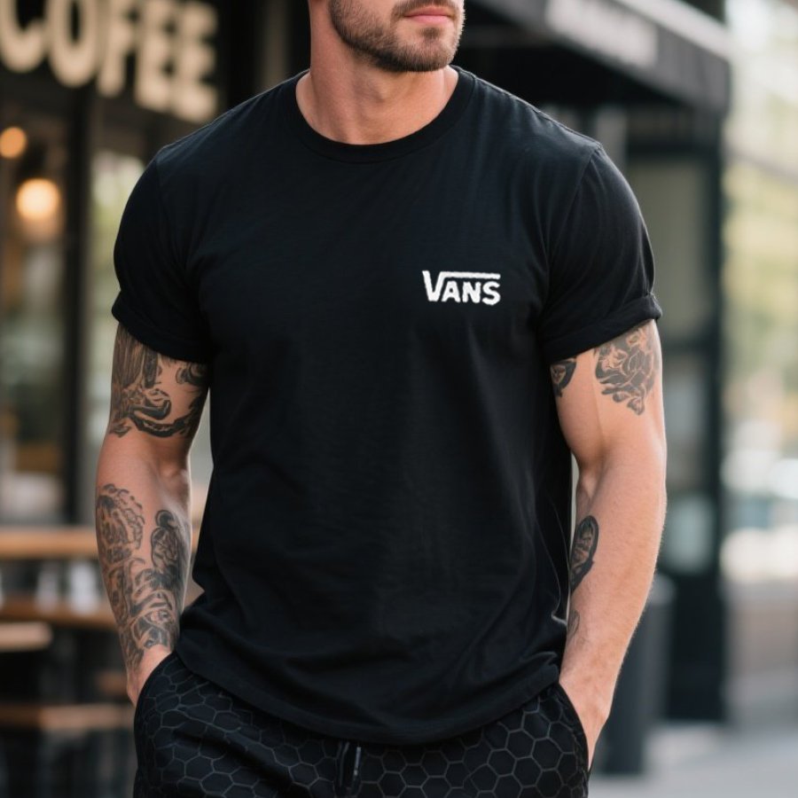 

Men's Vintage Crew Neck T-Shirt With Rolled Sleeves Black
