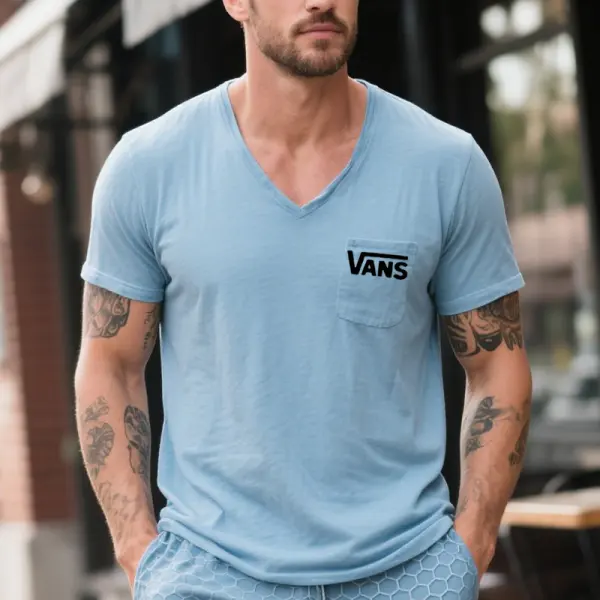 Men's Vintage V-Neck T-Shirt With Pocket Detail Light Blue Surfing Streetwear - Wayrates.com 