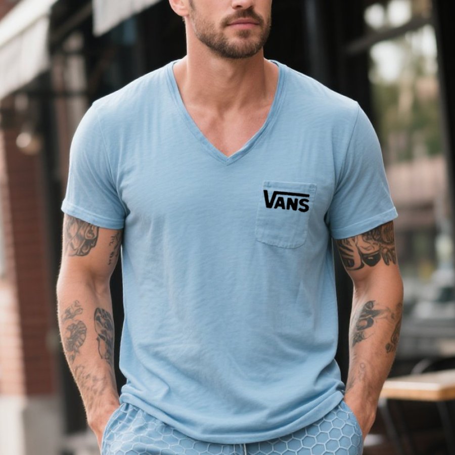 

Men's Vintage V-Neck T-Shirt With Pocket Detail Light Blue Surfing Streetwear