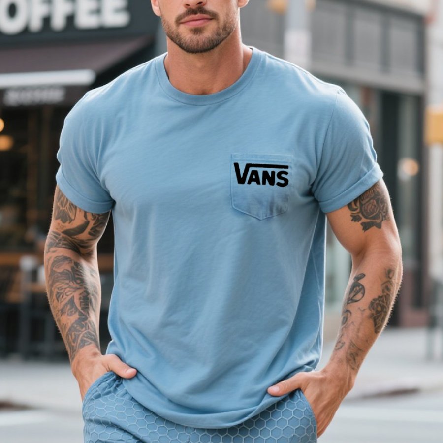 

Men's Vintage Casual Pocket T-Shirt Light Blue With Pocket