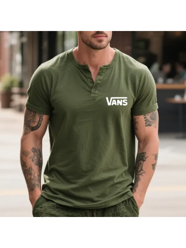 Men's Vintage Henley T-Shirt With Surfing Brand Logo Print Military Green - Ootdmw.com 