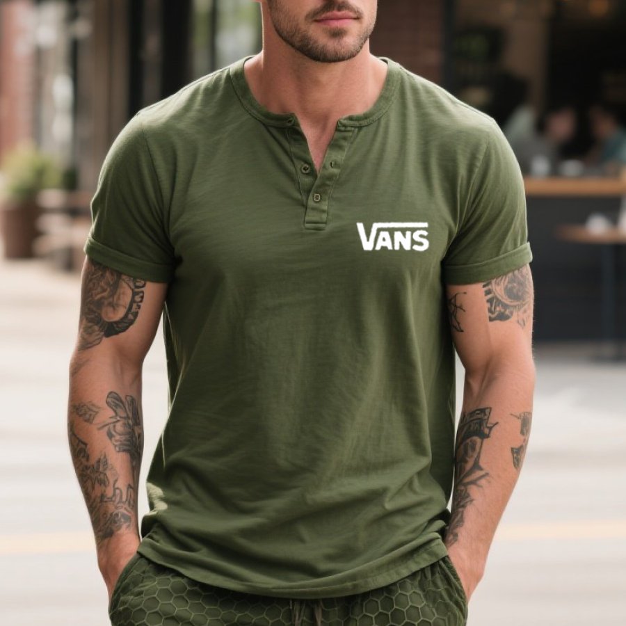 

Men's Vintage Henley T-Shirt With Surfing Brand Logo Print Military Green