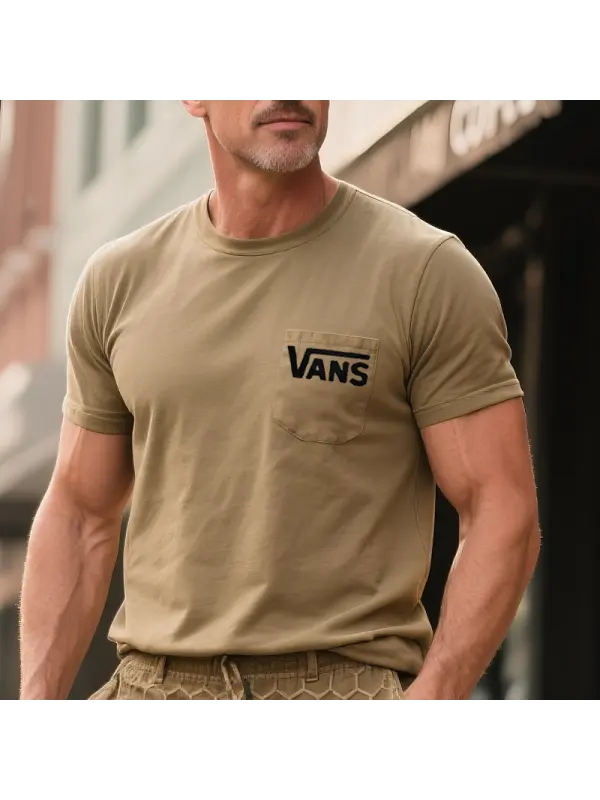 Men's Casual Surfing Letter Logo PrintT-Shirt With Chest Pocket Khaki Streetwear - Ootdmw.com 