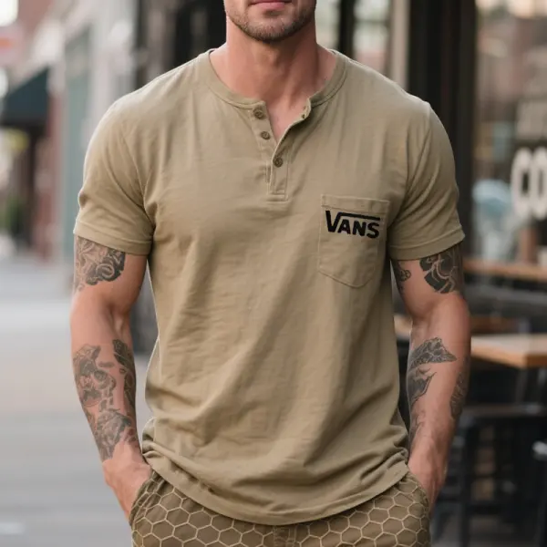 Men's Casual Henley T-Shirt With Surfing Brand Logo Khaki - Zivinfo.com 