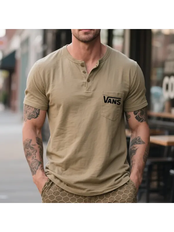 Men's Casual Henley T-Shirt With Surfing Brand Logo Khaki - Ootdmw.com 