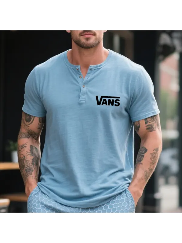 Men's Casual Henley Surfing Logo Graphic Print T-Shirt Light Blue - Ootdmw.com 