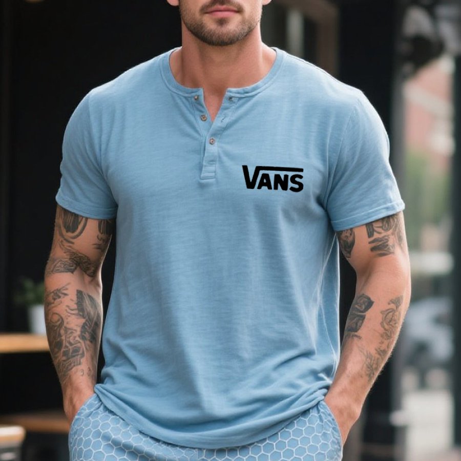 

Men's Casual Henley Surfing Logo Graphic Print T-Shirt Light Blue
