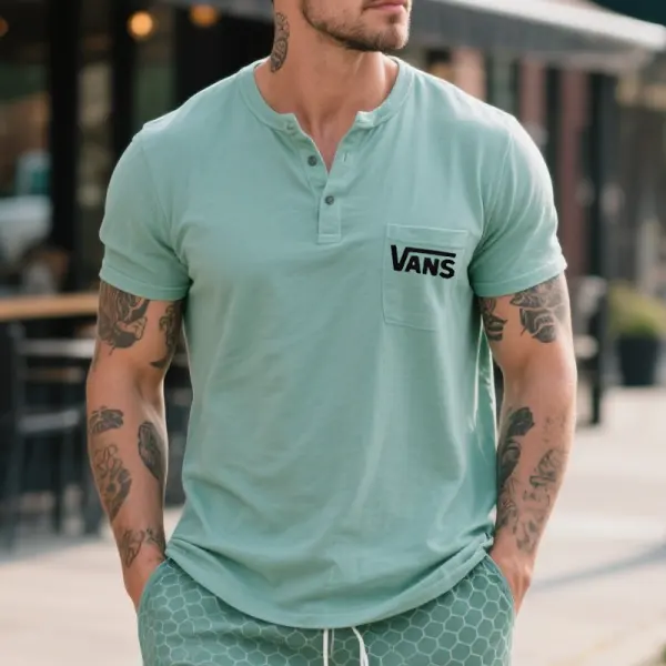 Men's Casual Henley T-Shirt With Surfing Brand Logo Mint Green - Wayrates.com 
