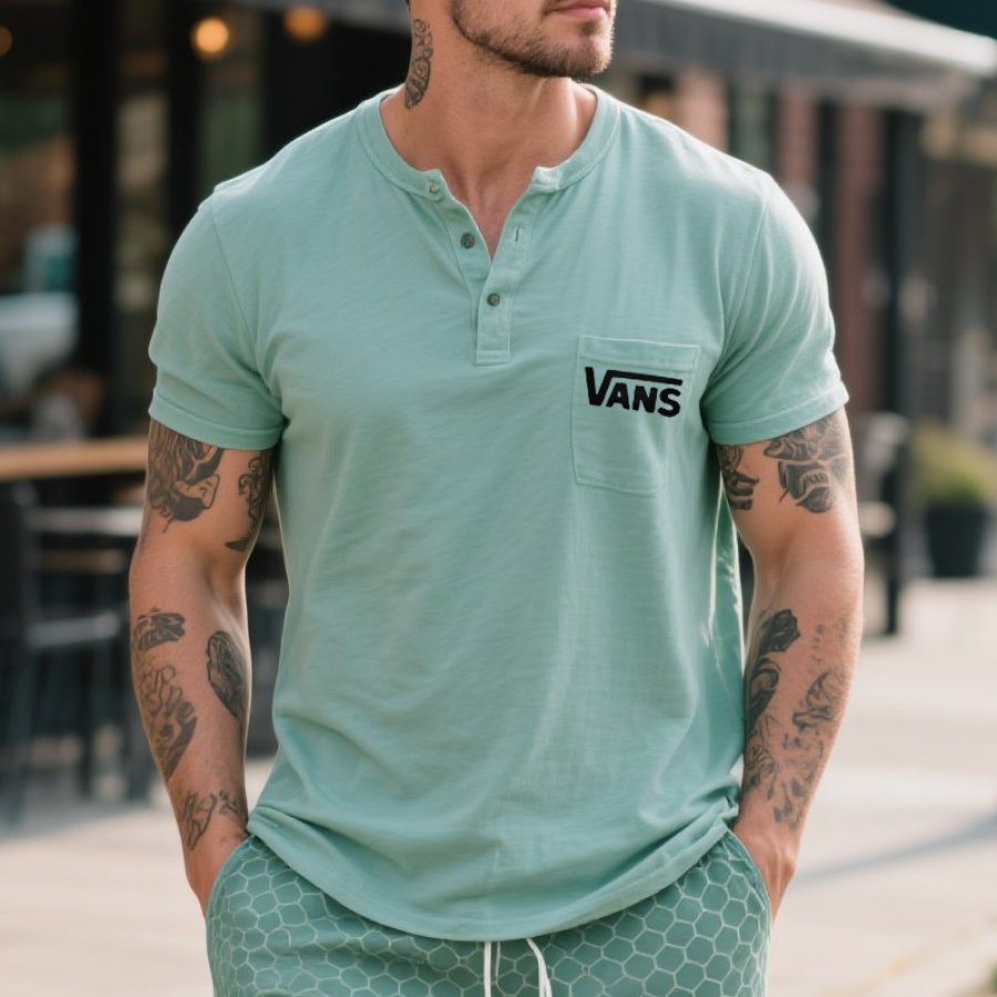 

Men's Casual Henley T-Shirt With Surfing Brand Logo Mint Green