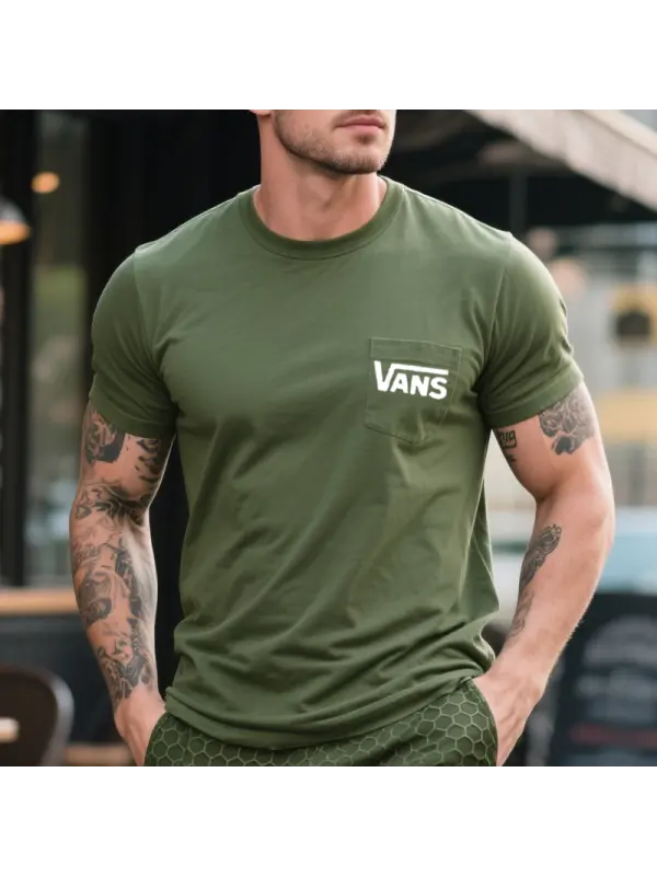 Men's Vintage Casual Pocket Crew Neck T-Shirt Military Green - Ootdmw.com 