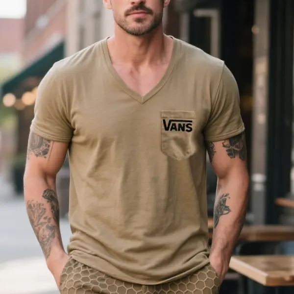 Men's Casual V-neck T-shirt With Pocket Khaki Surfing Streetwear - Zivinfo.com 