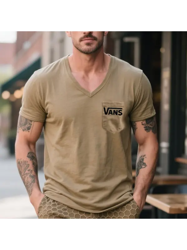 Men's Casual V-neck T-shirt With Pocket Khaki Surfing Streetwear - Wearmw.chimpone.com 
