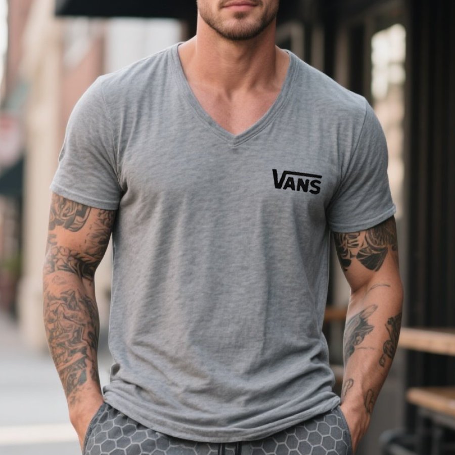 

Men's Vintage V-Neck Surfing Graphic Print T-Shirt Gray