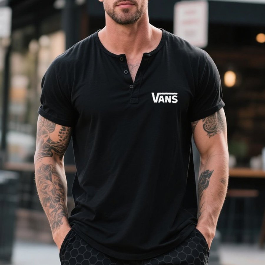 

Men's Vintage Henley T-Shirt Surfing Streetwear Black