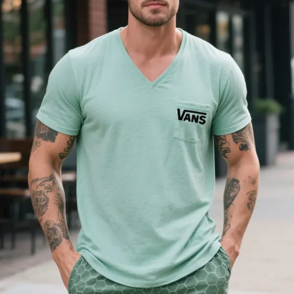 Men's Vintage V-Neck Surfing Print T-Shirt With Pocket Detail Mint Green - Wayrates.com 