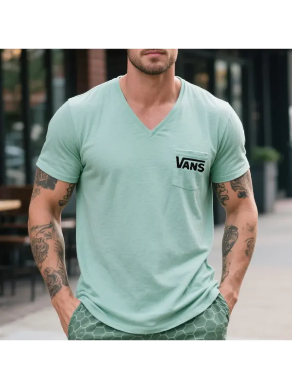 Men's Vintage V-Neck Surfing Print T-Shirt With Pocket Detail Mint Green - Ootdmw.com 