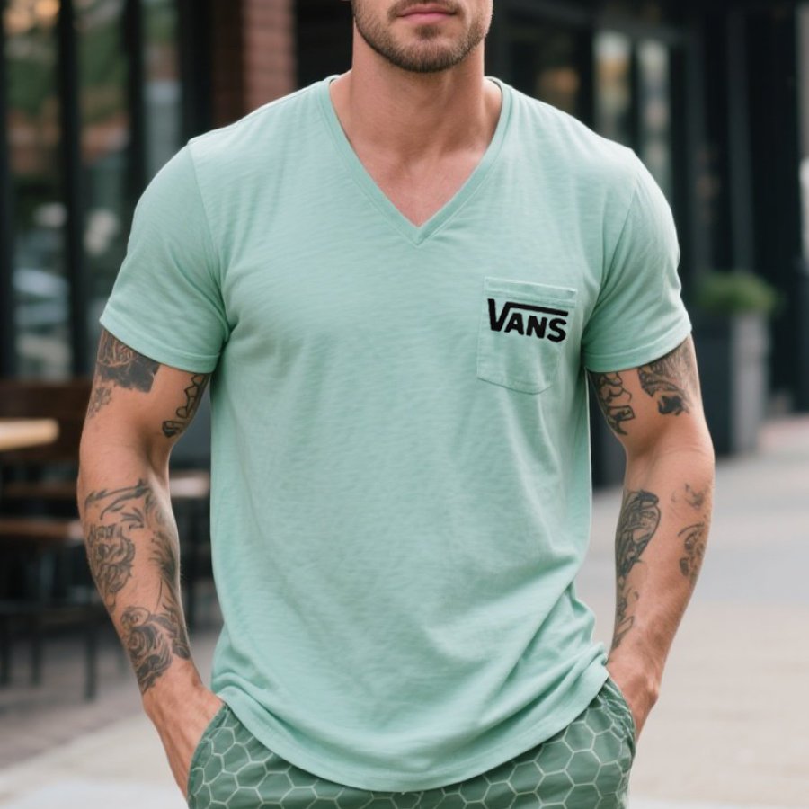 

Men's Vintage V-Neck Surfing Print T-Shirt With Pocket Detail Mint Green