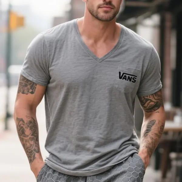 Men's Vintage Surfing Logo Print V-Neck T-Shirt With Pocket Detail Gray - Wayrates.com 