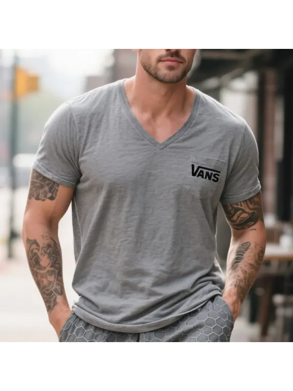 Men's Vintage Surfing Logo Print V-Neck T-Shirt With Pocket Detail Gray - Ootdmw.com 