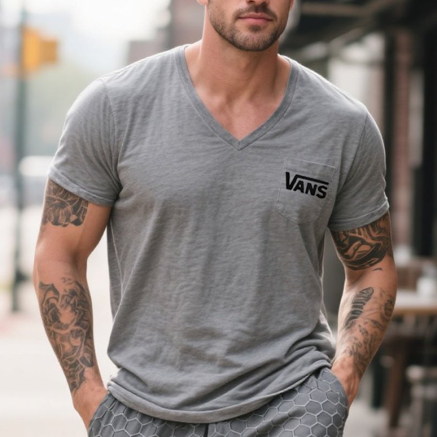 

Men's Vintage Surfing Logo Print V-Neck T-Shirt With Pocket Detail Gray