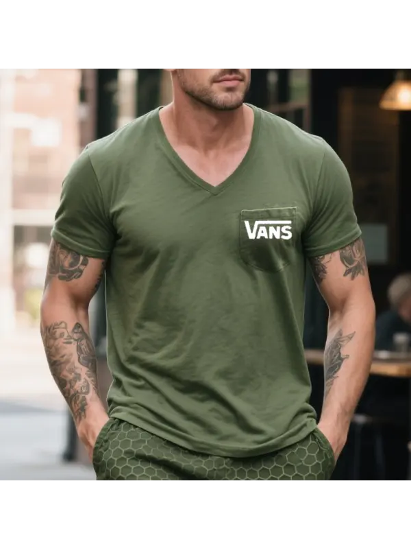 Men's Vintage V-Neck T-Shirt With Pocket Detail Military Green - Ootdmw.com 