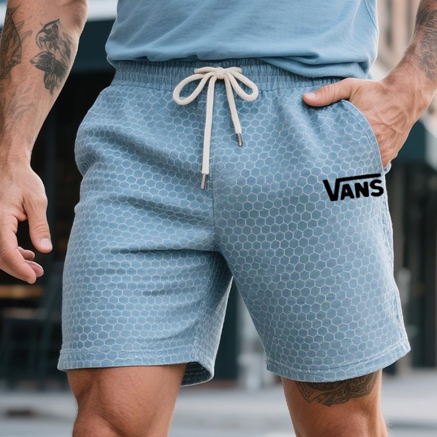 

Men's Retro Casual Waffle Honeycomb Pattern Surfing Skateboard Cargo Shorts Blue