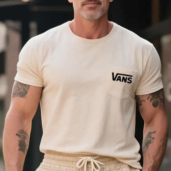 Men's Vintage Crew Neck T-Shirt With Pocket Design Beige Streetwesr - Zivinfo.com 