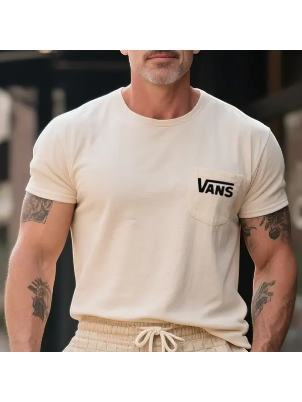 Men's Vintage Crew Neck T-Shirt With Pocket Design Beige Streetwesr - Ootdmw.com 