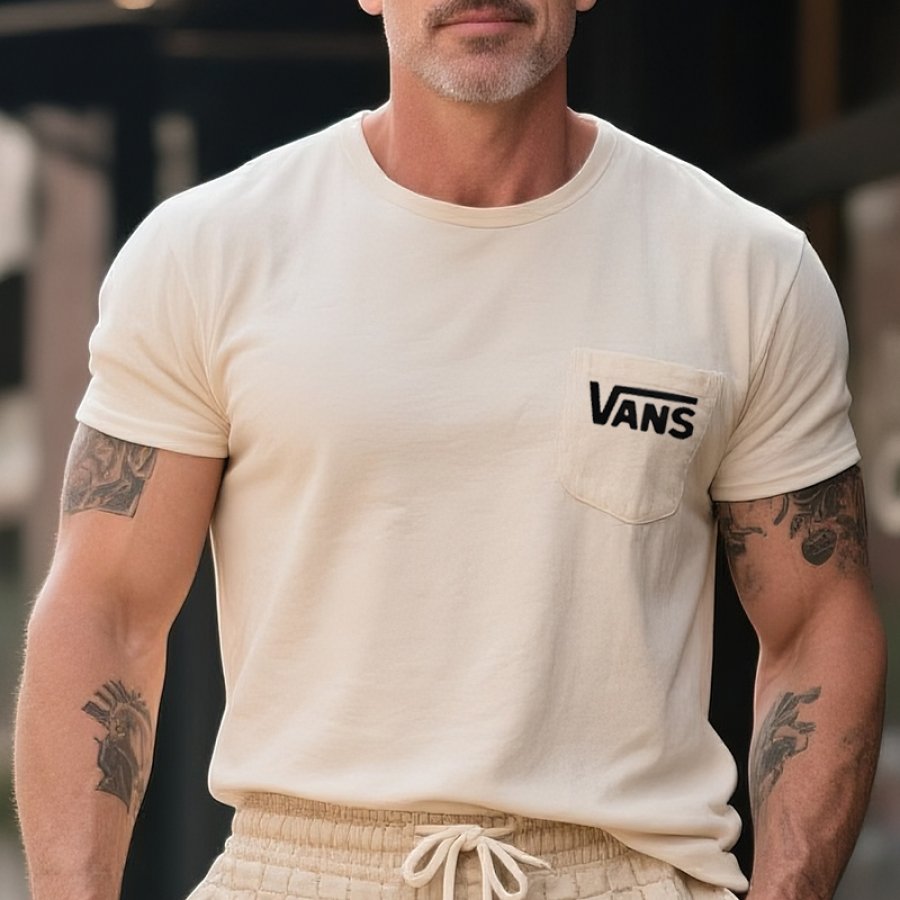 

Men's Vintage Crew Neck T-Shirt With Pocket Design Beige Streetwesr