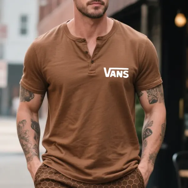 Men's Vintage Henley T-Shirt With Surfing Logo Brown - Zivinfo.com 