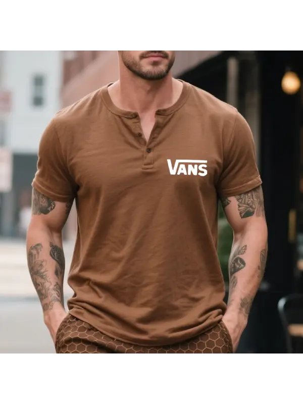Men's Vintage Henley T-Shirt With Surfing Logo Brown - Ootdmw.com 