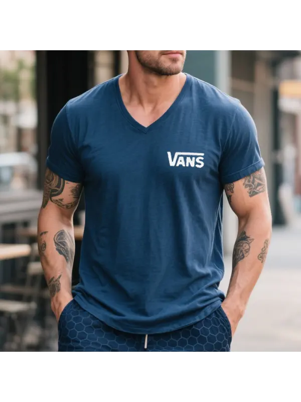 Men's Vintage V-neck T-shirt Surfing Streetwear Navy Blue - Ootdmw.com 