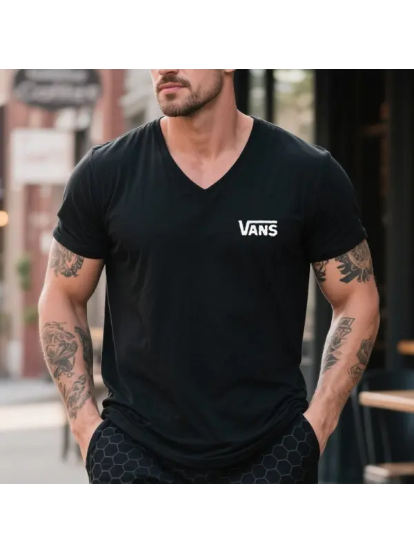 Men's Vintage Surfing Brand Logo Print V-neck T-shirt Black - Ootdmw.com 
