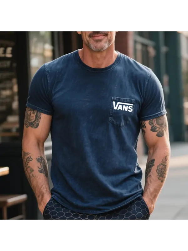 Men's Casual Style Washed Cotton Pocket T-Shirt Navy Blue - Ootdmw.com 
