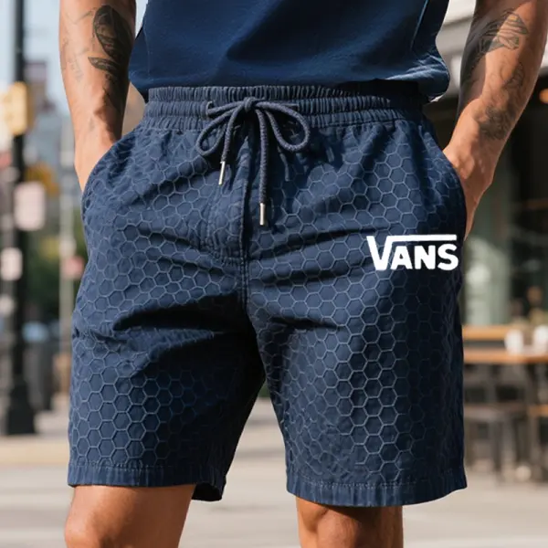 Men's Retro Waffle Honeycomb Pattern Surfing Skateboard Cargo Shorts Navy Blue - Wayrates.com 