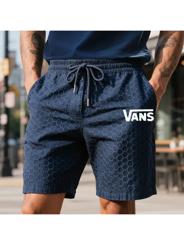Men's Retro Waffle Honeycomb Pattern Surfing Skateboard Cargo Shorts Navy Blue - Ootdmw.com 