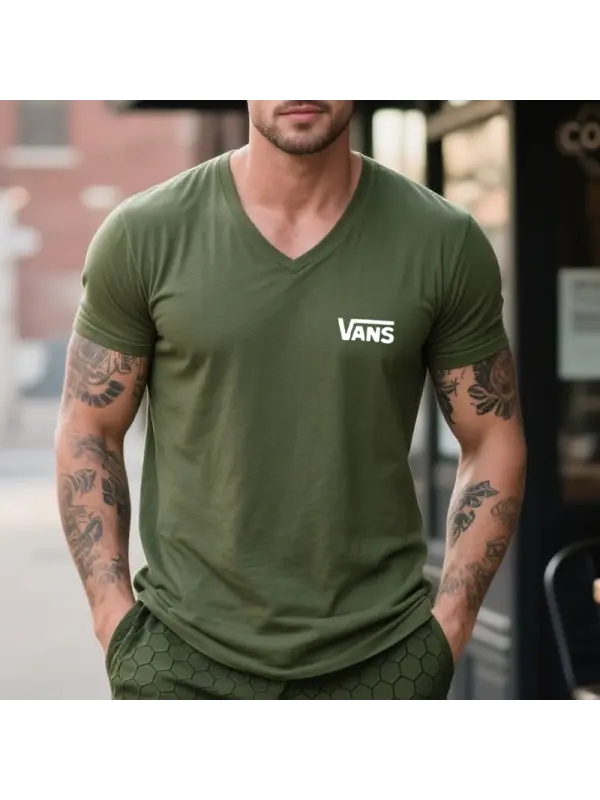 Men's Vintage V-neck T-shirt Military Green Streetwear - Ootdmw.com 