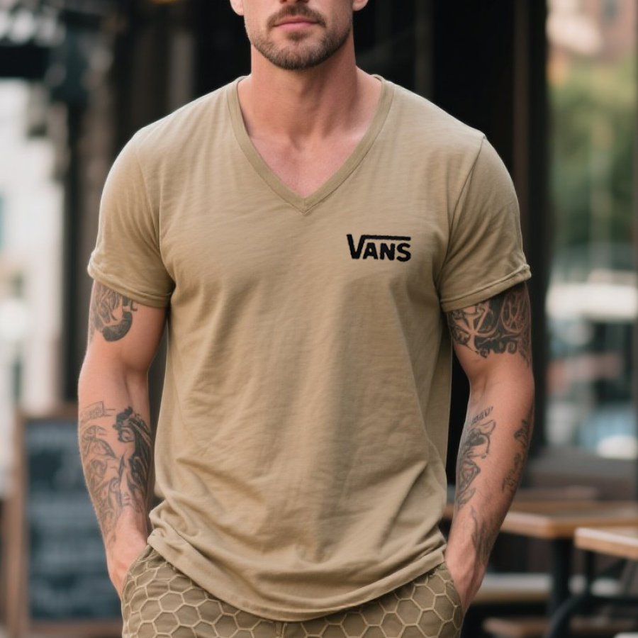 

Men's Vintage Casual Khaki V-neck T-shirt