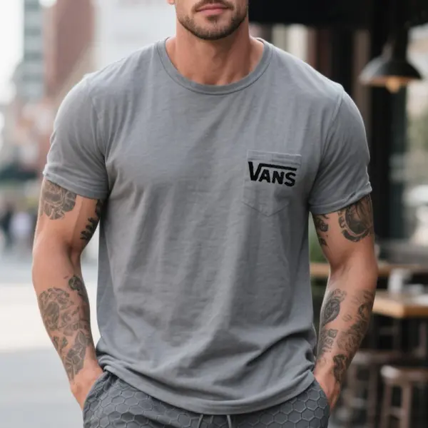 Men's Vintage Crew Neck Surfing Logo Print T-Shirt With Pocket Design Gray - Wayrates.com 