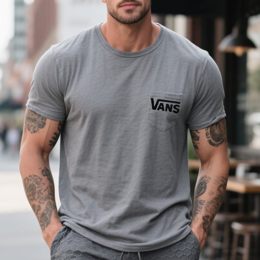 

Men's Vintage Crew Neck Surfing Logo Print T-Shirt With Pocket Design Gray