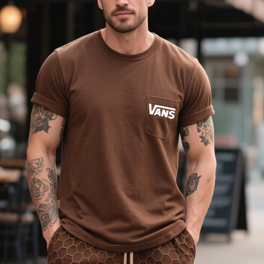 

Men's Vintage Pocket Surfing Graphic Print T-Shirt With Rolled Sleeves Brown