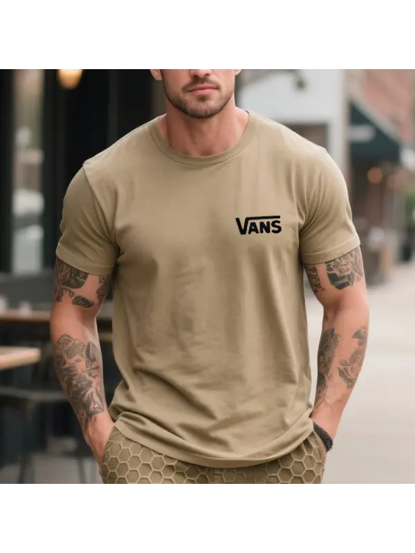 Men's Vintage Crew Neck Graphic Print T-Shirt Surfing Streetwear Khaki - Ootdmw.com 