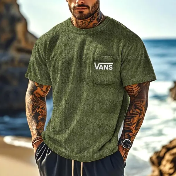 Men's Vintage Terry Towelling Embroidered Surfing Patch Pocket Army Green Short Sleeve Crew Neck T-Shirt - Zivinfo.com 