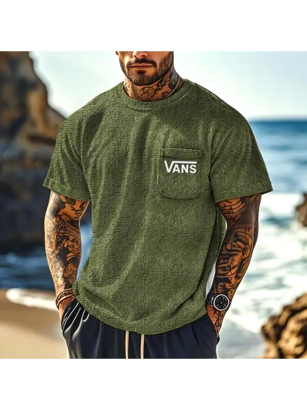 Men's Vintage Terry Towelling Embroidered Surfing Patch Pocket Army Green Short Sleeve Crew Neck T-Shirt - Wearmw.chimpone.com 
